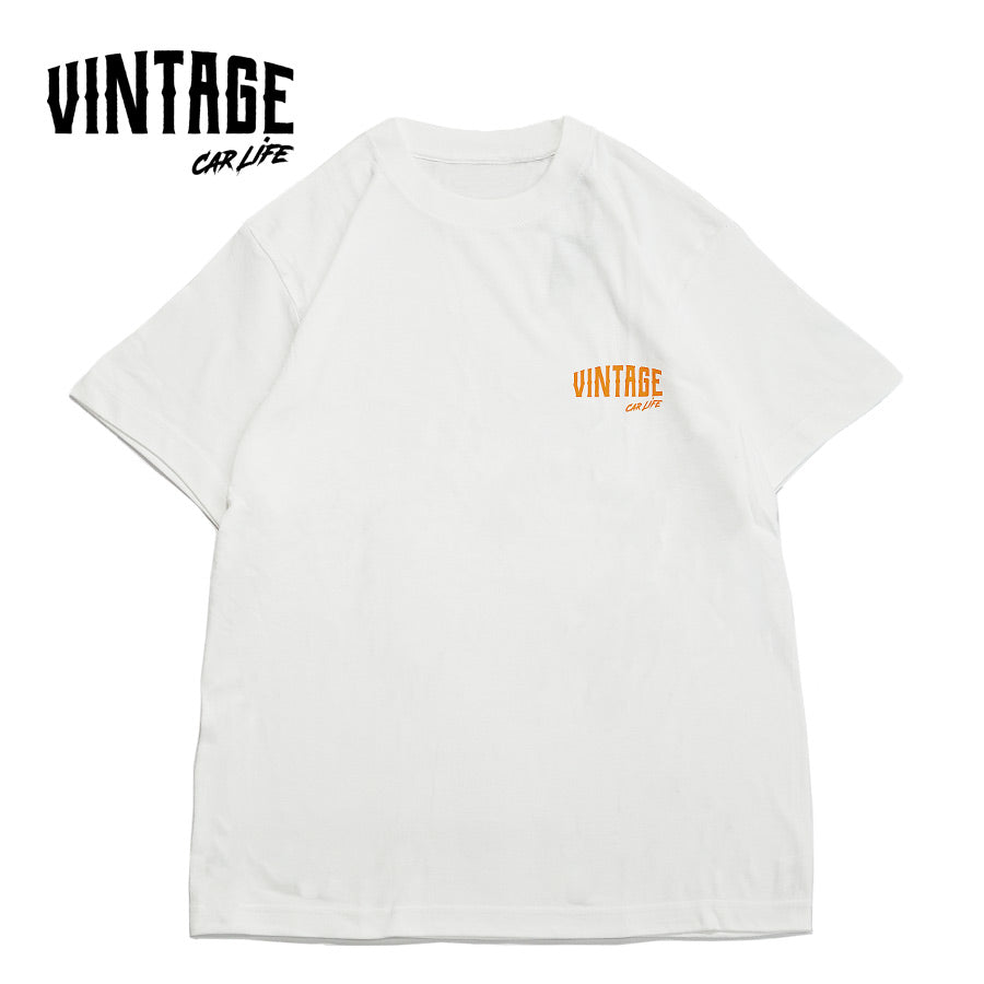 半袖プリントTシャツ(ホワイト×オレンジ)【VINTAGECARLIFE】