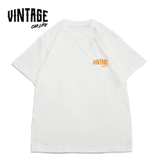 半袖プリントTシャツ(ホワイト×オレンジ)【VINTAGECARLIFE】