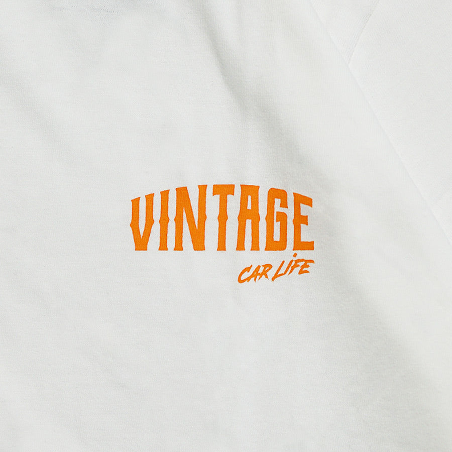 半袖プリントTシャツ(ホワイト×オレンジ)【VINTAGECARLIFE】