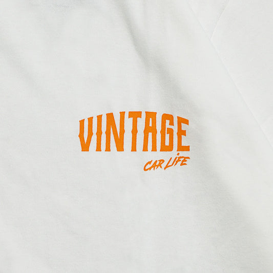 半袖プリントTシャツ(ホワイト×オレンジ)【VINTAGECARLIFE】