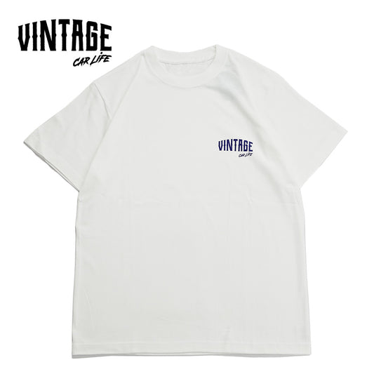 半袖プリントTシャツ(ホワイト×ネイビー)【VINTAGECARLIFE】